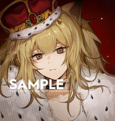  1girl animal_ears arknights blonde_hair brown_eyes commentary_request crown english_text etiv fur-trimmed_jacket fur_trim jacket lion_ears lion_girl long_hair looking_at_viewer siege_(arknights) solo upper_body 