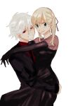  1boy 1girl arms_around_neck black_dress black_necktie black_suit blonde_hair carrying carrying_person collared_shirt dress elbow_gloves gloves green_eyes hair_ribbon highres maka_albarn necktie nyomunyomu red_eyes red_shirt ribbon see-through see-through_sleeves sharp_teeth shirt short_twintails smug soul_eater soul_evans striped_suit suit teeth twintails white_hair 
