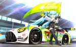  1girl advan black_bodysuit black_footwear black_gloves blue_eyes blue_hair blush bodysuit boots breasts car covered_navel cropped_jacket enkei flag gloves goodsmile_racing green_gloves hatsune_miku highres holding holding_flag itasha jacket long_hair medium_breasts mercedes-benz mercedes-benz_amg_gt motor_vehicle open_mouth piapro race_vehicle racecar racequeen racing_miku racing_miku_(2022) reatbox shadow single_thigh_boot solo spoiler_(automobile) sponsor super_gt thigh_boots twintails two-tone_gloves vehicle_focus very_long_hair vocaloid waving white_jacket yokohama_tire 