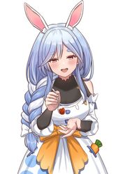  1girl absurdres animal_ear_fluff animal_ears blue_hair blush braid braided_ponytail breasts curry food highres holding holding_spoon hololive incoming_food long_hair looking_at_viewer mature_female multicolored_hair open_mouth pekomama rabbit_ears rabbit_girl sharkudon short_eyebrows smile solo spoon thick_eyebrows virtual_youtuber white_hair 