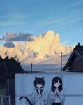  2girls against_wall animal_ears bag black_eyes black_hair blue_sailor_collar blue_sky bread cat cat_ears cat_girl cat_tail closed_mouth clouds cloudy_sky commentary_request dawn eating food highres holding holding_food holding_with_tail house long_hair long_sleeves looking_at_viewer melon_bread multiple_girls neckerchief open_mouth original outdoors plastic_bag prehensile_tail red_neckerchief sailor_collar sakiika0513 school_uniform serafuku shirt shopping_bag short_hair_with_long_locks sky star_(sky) tail taiyaki upper_body wagashi white_shirt wide_shot 