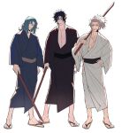  3boys absurdres black_eyes black_hair black_kimono blue_eyes blue_hair blue_kimono brown_eyes fate/grand_order fate_(series) grey_hair haruakira highres hijikata_toshizou_(fate) holding holding_sword holding_weapon japanese_clothes katana kimono long_sleeves male_focus medium_hair multiple_boys muscular muscular_male nagakura_shinpachi_(fate) pectoral_cleavage pectorals saitou_hajime_(fate) sandals scar scar_on_cheek scar_on_face sheath sheathed short_hair smile sword wavy_hair weapon white_kimono zouri 