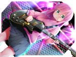  1girl black_skirt blue_eyes bocchi_the_rock! cube_hair_ornament electric_guitar gotoh_hitori guitar hair_ornament highres holding holding_instrument holding_plectrum instrument jacket motsu_momomo pink_hair pink_track_suit pleated_skirt plectrum skirt solo track_jacket 