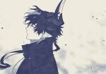  1boy arknights chong_yue_(arknights) closed_eyes closed_mouth dragon_boy dragon_horns earrings facing_to_the_side floating_hair high_collar highres horns jewelry long_hair low_ponytail male_focus monochrome multicolored_hair nills pointy_ears solo streaked_hair upper_body wind 
