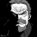  1boy aboude_art artist_name beard closed_mouth commentary facial_hair grey_hair instagram_logo instagram_username limited_palette looking_at_viewer male_focus monkey_d._garp mustache one_piece scar scar_on_cheek scar_on_face short_hair signature solo spot_color 