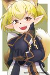  1girl 2024 :d animal_ear_fluff animal_ears blonde_hair chatarou_bekkan dated extra_ears final_fantasy final_fantasy_xi fox_ears fox_girl fox_tail hand_on_own_elbow highres kemonomimi_mode long_sleeves looking_at_viewer ojou-sama_pose open_mouth orange_eyes pointy_ears shantotto short_hair smile solo tail tarutaru teeth twitter_username upper_teeth_only 