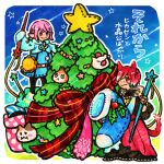  1boy 1girl animal_ears cat_ears cat_tail christmas_ornaments christmas_tree closed_mouth crystal_exarch fat_cat_(ff14) final_fantasy final_fantasy_xiv g&#039;raha_tia holding holding_staff itowo_(itowc) lalafell miqo&#039;te moogle paissa pink_hair red_eyes redhead smile staff tail violet_eyes warrior_of_light_(ff14) 
