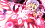  1girl ascot blonde_hair crystal_wings fang flandre_scarlet frills hat hat_ribbon kouji-nojima mob_cap open_mouth red_ribbon ribbon side_ponytail skin_fang solo touhou yellow_ascot 