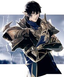  1boy aymeric_de_borel black_hair blue_sky cowboy_shot crossed_arms final_fantasy final_fantasy_xiv gauntlets looking_at_viewer male_focus pointy_ears scenery signature sky yabuka_shiwa 
