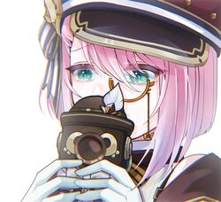  1girl cabbie_hat camera charlotte_(genshin_impact) commentary genshin_impact gloves green_eyes hat highres holding holding_camera monocle pink_hair portrait red_hat rui_(sa0w) short_hair simple_background solo white_background white_gloves 