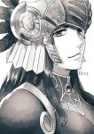  1girl armor black_armor breastplate closed_mouth feathers greyscale helmet hrist_valkyrie long_hair looking_at_viewer monochrome shoulder_armor simple_background solo valkyrie_profile_(series) white_background winged_helmet 