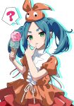  1girl ? absurdres aqua_hair breasts commentary cowboy_shot double_scoop dress drop_shadow food food_on_face frilled_dress frills googly_eyes green_eyes hands_up highres hikimayu holding holding_food holding_ice_cream holding_ice_cream_cone ice_cream ice_cream_cone long_hair looking_at_viewer monogatari_(series) niikura_hisui ononoki_yotsugi orange_dress orange_hat parted_bangs short_eyebrows sidelocks simple_background small_breasts solo spoken_question_mark star_(symbol) thick_eyebrows twintails two-tone_dress white_background white_dress 