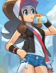  1girl bag baseball_cap black_vest black_wristband blue_eyes breasts brown_hair building closed_mouth clouds cup denim denim_shorts drinking drinking_straw exposed_pocket eyelashes hand_on_own_hip hat high_ponytail hilda_(pokemon) holding holding_cup long_hair looking_to_the_side open_clothes open_vest orlek poke_ball_print pokemon pokemon_bw ponytail shade shirt short_shorts shorts shoulder_bag sidelocks solo tank_top vest voltorb white_shirt white_tank_top wristband 