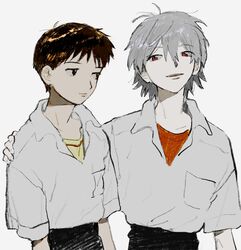  2boys black_pants breast_pocket brown_hair closed_mouth collared_shirt cowboy_shot grey_hair hair_between_eyes highres ikari_shinji layered_clothes looking_at_another male_focus multiple_boys nagisa_kaworu neon_genesis_evangelion open_collar open_mouth oyama_(mirumiru) pants pocket red_eyes red_shirt shirt shirt_tucked_in short_sleeves sideways_glance simple_background teeth undershirt upper_teeth_only white_background white_shirt yellow_shirt 