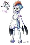  1boy blue_hair claws colored_skin detached_collar detached_sleeves digimon earrings fangs full_body gomamon grey_skin highres jewelry looking_at_viewer male_focus multicolored_hair no_nipples open_mouth sandals shorts streaked_hair tamtamdi toenails topless_male white_shorts 