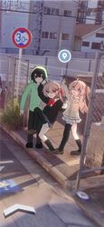  1boy 2girls :d ahoge asymmetrical_legwear black_cardigan black_eyes black_hair black_socks black_thighhighs blue_eyes brown_footwear cardigan chain-link_fence double_middle_finger double_w evil_neuro-sama fence google_maps google_street_view green_hoodie green_jacket grey_skirt grin high_school_girls_posing_for_google_street_view_(meme) highres hood hood_up hoodie indie_virtual_youtuber jacket light_brown_hair long_sleeves looking_at_viewer meme middle_finger multiple_girls neuro-sama one_side_up outdoors photo_background pinkpink939 raised_curb red_eyes road_sign school_uniform sidewalk sign skirt smile socks standing standing_on_one_leg tactile_paving thigh-highs uneven_legwear v vedal987 virtual_youtuber w 