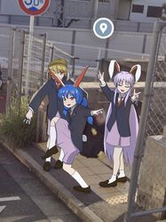  3girls absurdres animal_ears black_footwear blazer blonde_hair blue_hair brown_hat closed_mouth double_v full_body google_street_view hat high_school_girls_posing_for_google_street_view_(meme) highres jacket long_hair looking_at_viewer meme mrk01000 multiple_girls outdoors purple_hair purple_skirt rabbit_ears rabbit_girl red_eyes reisen_udongein_inaba ringo_(touhou) seiran_(touhou) skirt socks standing standing_on_one_leg touhou v white_socks 