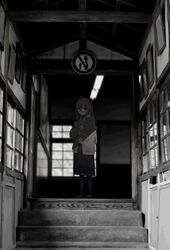  1girl ahoge arw_wf black-framed_eyewear black_footwear black_pantyhose black_skirt blue_eyes blue_sailor_collar blush book brown_cardigan brown_hair cable_knit cardigan closed_mouth crooked_eyewear expressionless from_side hair_between_eyes hair_ornament hairpin hallway highres holding holding_book hugging_object indoors kataribe_tsumugu long_hair long_skirt long_sleeves looking_at_viewer neckerchief nijisanji open_cardigan open_clothes pantyhose photo_background picture_frame pleated_skirt road_sign sailor_collar school_uniform semi-rimless_eyewear serafuku shirt shoes sidelocks sign skirt sleeves_past_fingers sleeves_past_wrists solo stairs straight_hair virtual_youtuber white_shirt wide_shot window yellow_neckerchief 