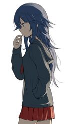  1girl backlighting black_jacket blue_hair cigarette commentary_request cowboy_shot dark_blue_hair hand_in_pocket hand_up hino-san_no_baka hino_nagisa holding holding_cigarette hood hood_down inuko_(ink0425) jacket long_hair long_sleeves miniskirt no_mouth open_clothes open_jacket pleated_skirt puffy_long_sleeves puffy_sleeves red_skirt shirt simple_background skirt solo white_background white_eyes white_shirt 