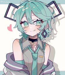  +_+ 1girl :q arms_at_sides bare_shoulders black_choker blue_eyes blue_hair blue_necktie blush breasts choker chromatic_aberration closed_mouth collarbone collared_shirt cowlick dot_nose frilled_shirt frills grey_jacket grey_shirt hair_between_eyes hatsune_miku heart highres jacket looking_at_viewer maca1227 medium_hair necktie number_tattoo off_shoulder pendant_choker shadow shirt sidelocks sleeveless sleeveless_shirt small_breasts smile solo tattoo tongue tongue_out upper_body vocaloid wolf_cut 