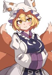  1girl animal_hat blonde_hair blue_tabard breasts closed_mouth commentary_request dress fox_tail hands_in_opposite_sleeves hat highres kv-san large_breasts long_sleeves looking_at_viewer mob_cap multiple_tails ofuda ofuda_on_clothes simple_background smile solo tabard tail touhou white_background white_dress white_hat wide_sleeves yakumo_ran yellow_eyes yellow_tail 