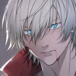  1boy androgynous bishounen blood blood_from_mouth blue_eyes close-up dante_(devil_may_cry) devil_may_cry_(series) devil_may_cry_3 dirty dirty_face eye_focus eyelashes grey_background grey_hair hair_between_eyes highres limpidddd127433 long_bangs looking_at_viewer male_focus portrait short_hair solo 