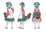 1girl animal_ears apron blush bow brown_footwear brown_tail cellphone closed_mouth commentary_request dog_ears dog_tail flip-flops flip_phone frilled_apron frilled_skirt frills full_body green_eyes green_hair green_skirt hakama hakama_skirt japanese_clothes kasodani_kyouko kimono maid_apron open_mouth phone pink_kimono reference_sheet sandals short_hair simple_background skirt socks standing tail touhou touhou_mystia&#039;s_izakaya white_apron white_background white_bow white_socks youzikk 