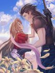  1boy 1girl aerith_gainsborough armor bangle black_gloves black_hair blue_eyes blue_sky bracelet brown_hair buster_sword clouds cloudy_sky commentary couple cowboy_shot crisis_core_final_fantasy_vii dress earrings english_commentary falling_petals final_fantasy final_fantasy_vii final_fantasy_vii_rebirth final_fantasy_vii_remake flower from_side gloves green_eyes hair_slicked_back hand_on_another&#039;s_face height_difference highres jacket jewelry long_hair looking_at_another parted_lips petals pink_dress pink_ribbon red_jacket ribbon short_sleeves shoulder_armor sky sleeveless sleeveless_turtleneck spiky_hair stud_earrings sweater sylvthea tears turtleneck turtleneck_sweater yellow_flower zack_fair 