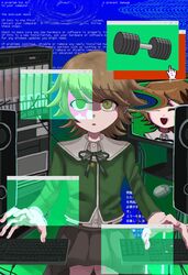  1boy alter_ego_(danganronpa) blood blue_screen_of_death brown_hair brown_skirt computer_keyboard cursor danganronpa:_trigger_happy_havoc danganronpa_(series) dumbbell english_text fujisaki_chihiro green_jacket highres jacket long_sleeves monitor otoko_no_ko pink_blood pleated_skirt short_hair shu_ox skirt solo translation_request 