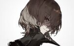  1boy akechi_gorou brown_hair commentary from_behind hair_between_eyes light_brown_hair looking_at_viewer male_focus parted_lips persona persona_5 profile red_eyes short_hair simple_background smile smirk solo va_ccu white_background 