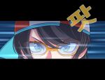  1girl all-out_attack baseball_cap bespectacled black_hair blue_eyes close-up commentary_request glasses hat hololive korean_commentary korean_text letterboxed mu94894747 multicolored_eyes oozora_subaru persona persona_4 short_hair sideways_hat solo speed_lines translation_request v-shaped_eyebrows virtual_youtuber yellow-framed_eyewear yellow_eyes 