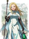  1girl blonde_hair brown_gloves cape clouds commentary_request dress elbow_gloves gloves grey_eyes holding holding_lantern holding_staff lantern long_hair looking_at_viewer mechnmechn mountain octopath_traveler octopath_traveler_i open_mouth ophilia_clement outdoors smile solo staff standing white_cape white_dress 