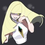  1girl absurdres bare_arms black_background blonde_hair blunt_bangs dark_background diamond-shaped_brooch dress gem green_gemstone green_nails grin hand_up highres long_hair lusamine_(pokemon) open_mouth pokemon pokemon_sm porqueloin sideways_glance simple_background sleeveless sleeveless_dress smile solo upper_body white_dress yellow_eyes 