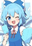  1girl absurdres blue_bow blue_dress blue_eyes blue_hair blush bow breasts cirno collared_shirt dress fairy food hair_between_eyes hair_bow highres holding holding_food ice ice_wings miz_(mizillustration) one_eye_closed open_mouth popsicle puffy_short_sleeves puffy_sleeves shirt short_hair short_sleeves small_breasts smile solo touhou upper_body white_shirt wings 