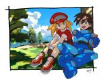  1boy 1girl against_tree armor blonde_hair blue_armor blurry blurry_background bottle brown_hair cabbie_hat clouds cropped_jacket full_body green_eyes hat highres holding holding_bottle jacket looking_at_another looking_up medium_hair mega_man_(series) mega_man_legends_(series) mega_man_volnutt nature red_hat red_jacket red_shorts roll_caskett_(mega_man) short_hair shorts sitting sky touhou3939 tree 