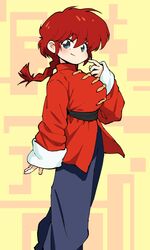  belt black_belt blue_pants blush braid braided_ponytail breasts brown_background chinese_clothes feet_out_of_frame grey_eyes henriiku_(ahemaru) highres jacket large_breasts long_sleeves pants ranma-chan ranma_1/2 red_jacket redhead single_braid sleeves_past_wrists smile tangzhuang two-tone_background yellow_background 