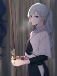  2girls absurdres archery arrow_(projectile) asahina_mafuyu black_skirt bow_(weapon) breath commentary curly_hair doraimon0312 from_side gloves grey_eyes grey_hair hakama hakama_skirt highres hinomori_shizuku holding holding_bow_(weapon) holding_weapon japanese_clothes kyuudou multiple_girls muneate no_mouth partially_fingerless_gloves ponytail project_sekai purple_hair shirt side_slit sidelocks single_glove skirt weapon white_shirt yugake 