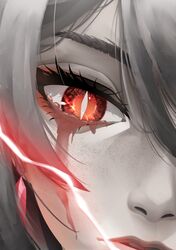  1girl acheron_(honkai:_star_rail) blood blood_from_eyes bright_pupils closed_mouth earrings electricity eye_focus grey_hair highres hisaeki honkai:_star_rail honkai_(series) jewelry long_hair looking_at_viewer nose official_alternate_color red_eyes solo white_pupils 