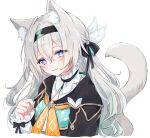  1girl absurdres animal_ear_fluff animal_ears black_hairband black_jacket cat_ears cat_tail commentary firefly_(honkai:_star_rail) grey_hair hairband highres honkai:_star_rail honkai_(series) jacket kemonomimi_mode long_hair long_sleeves looking_at_viewer neckerchief parted_lips sana_(sanamaru_0w0) smile solo tail upper_body very_long_hair violet_eyes yellow_neckerchief 