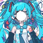  1girl abstract akotoba_(vocaloid) arms_at_sides bare_shoulders black_sleeves blue_background blue_hair blue_necktie circle closed_eyes collared_shirt commentary_request detached_sleeves facing_viewer hair_ornament hatsune_miku hole_in_face ice_tabetai long_hair lyrics necktie shirt solo translation_request twintails upper_body very_long_hair vocaloid white_background white_shirt 