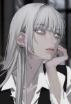  1girl blunt_bangs blurry blurry_background closed_mouth ear_piercing earrings eriol_s2 expressionless grey_hair hair_between_eyes hand_on_own_cheek hand_on_own_face indoors jewelry long_hair original piercing portrait shirt sidelocks solo white_eyes white_shirt window 