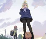  2girls :o animal_ears apron bad_drawr_id bad_id black_footwear black_pants blonde_hair blue_coat boots capybara clouds coat cojibou dog_ears dog_girl from_below green_hair looking_at_viewer minamimi-san multiple_girls oekaki one_side_up open_mouth original pants pantyhose scarf short_hair skirt sky standing 