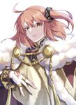  1girl aiguillette cloak command_spell commentary fate/grand_order fate_(series) fujimaru_ritsuka_(female) fujimaru_ritsuka_(female)_(imperial_robe) fur-trimmed_cloak fur_trim gold_trim hair_between_eyes highres jewelry long_sleeves looking_afar medium_hair multiple_rings one_side_up open_mouth orange_hair red_cloak ring simple_background solo twitter_username upper_body white_background yellow_eyes ymgyk2 