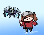 1girl :p afei_(sfma3248) brown_hair chibi closed_eyes copyright_request gradient_background gundam gundam_unicorn highres kantai_collection long_hair magatama mecha multiple_girls ocean pleated_skirt robot ryuujou_(kancolle) skirt tongue tongue_out twintails v visor_cap