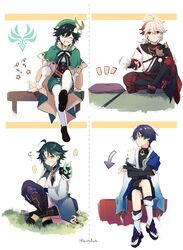  ... 4boys afterimage ahoge androgynous anemo_symbol_(genshin_impact) aqua_hair arm_tattoo armor arrow_(symbol) asymmetrical_clothes bandaged_hand bandages bead_necklace beads beckoning beret blue_vest braid cape closed_mouth collared_cape crossed_bangs facial_mark flower forehead_mark full_body genshin_impact gloves green_cape green_eyes green_hair green_hat grey_hair hair_between_eyes hakama hakama_shorts hand_on_own_cheek hand_on_own_face hat hat_flower highres japanese_armor japanese_clothes jewelry kaedehara_kazuha kinatsu_k long_hair looking_at_viewer low_ponytail male_focus motion_lines multicolored_hair multiple_boys necklace on_floor on_ground one_eye_closed open_clothes open_mouth open_vest pillow pointing ponytail purple_hair redhead scaramouche_(genshin_impact) shoes short_hair shorts shoulder_armor shoulder_spikes side_braids single_sleeve sitting smile spikes spoken_ellipsis star_(symbol) streaked_hair tatami tattoo thigh-highs twin_braids two-tone_vest venti_(genshin_impact) vest violet_eyes wanderer_(genshin_impact) white_flower xiao_(genshin_impact) yellow_eyes 