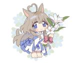  1girl :&gt; ahoge barefoot blue_eyes blush brown_hair cat_tail chibi chibi_only final_fantasy final_fantasy_xiv flower gg_dal heart heart_ahoge holding holding_flower long_hair looking_at_viewer miqo&#039;te mole mole_under_mouth smile solo tail warrior_of_light_(ff14) 