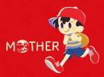  1boy backpack bag baseball_cap black_hair blue_shorts blush brown_bag closed_mouth copyright_name full_body hat male_focus mother_(game) mother_2 ness_(mother_2) red_background red_footwear running shorts sideways_hat smile solo ukata violet_eyes 