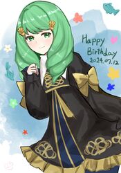  1girl black_dress commentary_request dated dress drill_hair fire_emblem fire_emblem:_three_houses flayn_(fire_emblem) garreg_mach_monastery_uniform gold_trim green_eyes green_hair hair_ornament hairclip happy_birthday highres long_hair looking_at_viewer otokajife solo twin_drills 