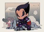  1boy 1girl :3 anna_williams black_hair blunt_bangs border bulletproof_vest camouflage chibi chibi_only clenched_hand closed_mouth dust fingerless_gloves gloves kotorai mishima_kazuya no_nose rock rocket_launcher scar scar_on_cheek scar_on_face short_hair sideburns studded_gloves tekken thick_eyebrows v-shaped_eyebrows weapon white_border 