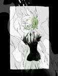  1other ^_^ androgynous arms_at_sides closed_eyes commentary cowboy_shot dissolving english_commentary facing_viewer floating_hair gem_uniform_(houseki_no_kuni) green_hair happy highres houseki_no_kuni monochrome necktie open_mouth other_focus outside_border pemprika phosphophyllite puffy_short_sleeves puffy_sleeves short_hair short_sleeves smile smoke solo spot_color standing 